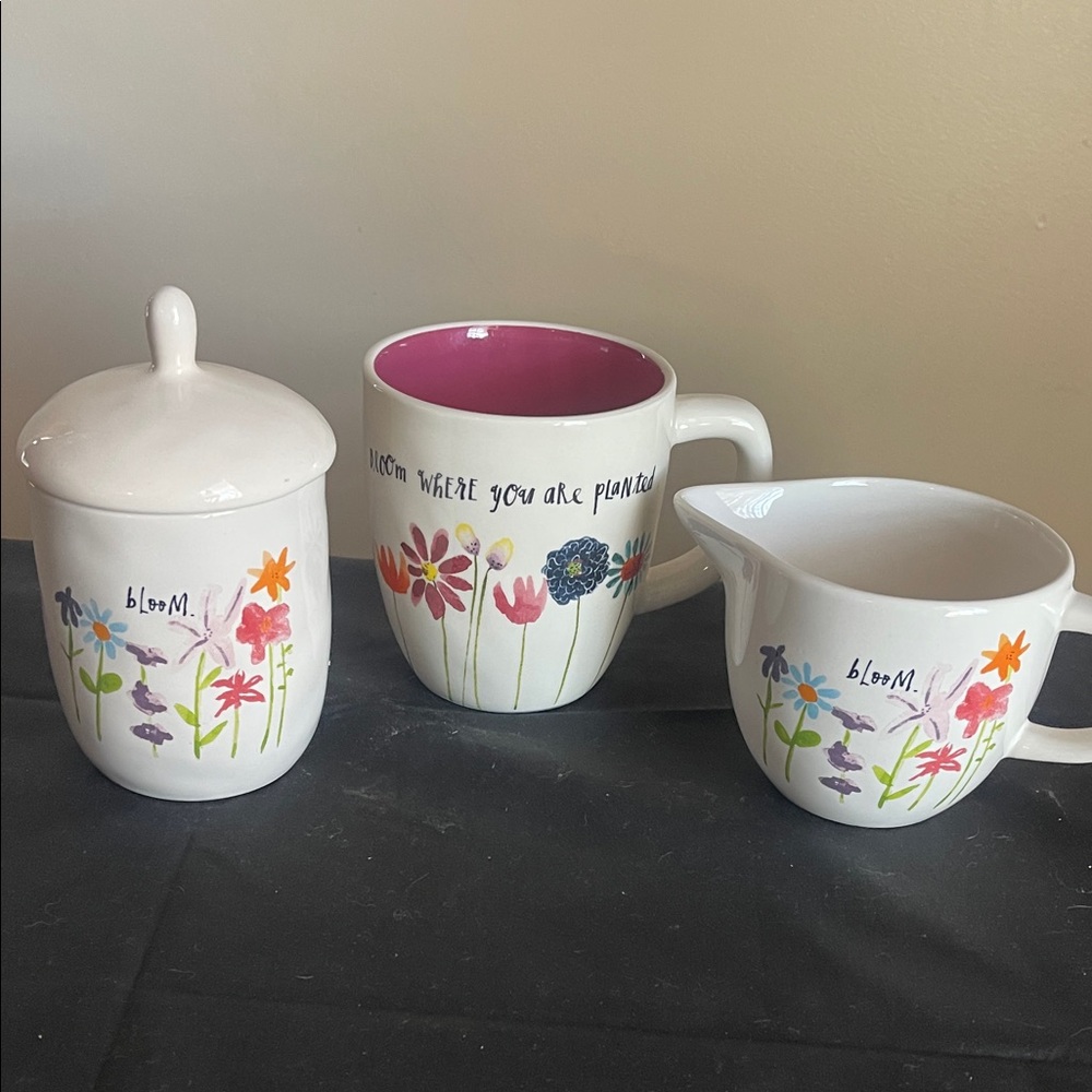 Rae Dunn 3pc Artisan BLOOM  Collection Creamer & Sugar Bowl and Coffee Cup